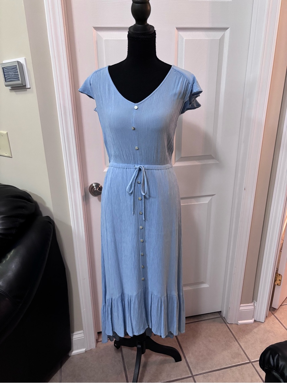 new directions Light Blue Button-Front Midi Dress with Tie Waist